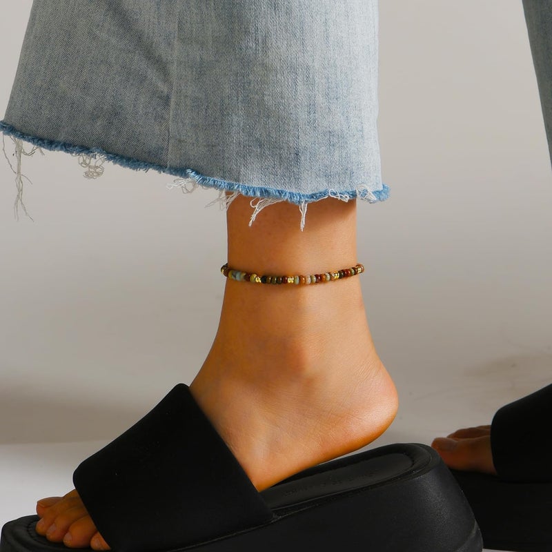 Wremily Natural Stone Beaded Anklets Bracelets for Women Handmade Beaded Anklet Bracelet Waterproof Boho Beads Ankle Bracelet Adjustable Summer Jewelry - Image 3
